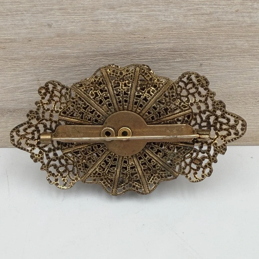 Vtg Brass Gold Tone Filigree Bow Tie Brooch / Pin Gilt Turquoise Stone Accent